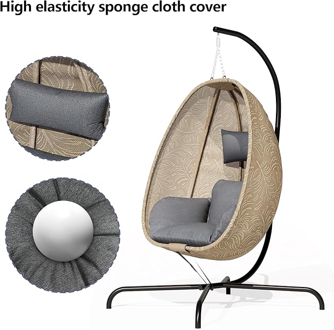 ALAULM Foldable Egg Chair with Stand 485LBS Capacity Textilene Hammock Swing Chair for Outdoor &amp Indoor Hanging Chair with Strong Frame &amp UV Resistant Cushion for Balcony Bedroom Light Gra