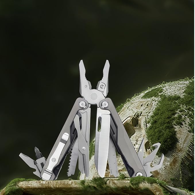 Multitool 20-in-1 Full-Size Multi-Purpose Pliers Lightweight EDC Nylon Bag With Safety Locking Camping Knives &amp Tools Mens Gifts Ideas Gifts for Hunters Men who have Everything (Silver)