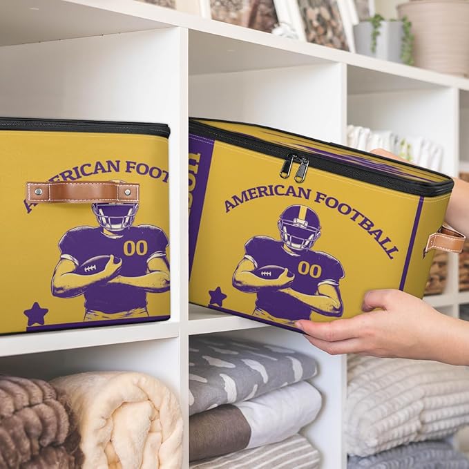 Custom Storage Bins with Zipper Lid American Football Personalized Foldable Storage Baskets Sport Closet Shelf Clothes Organizer Cube with PU Leather Handles