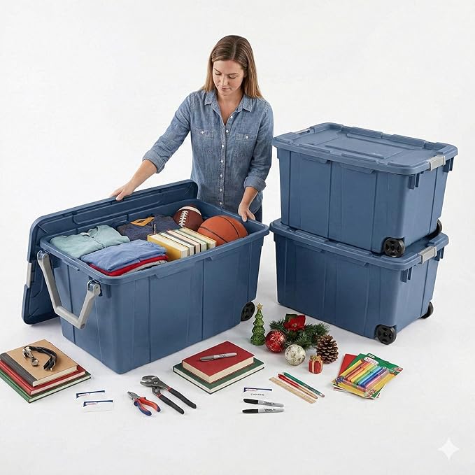 40 Gallon Plastic Storage Box with Wheels and Lids Stackable Industrial Tote Pack of 2 (Blue)