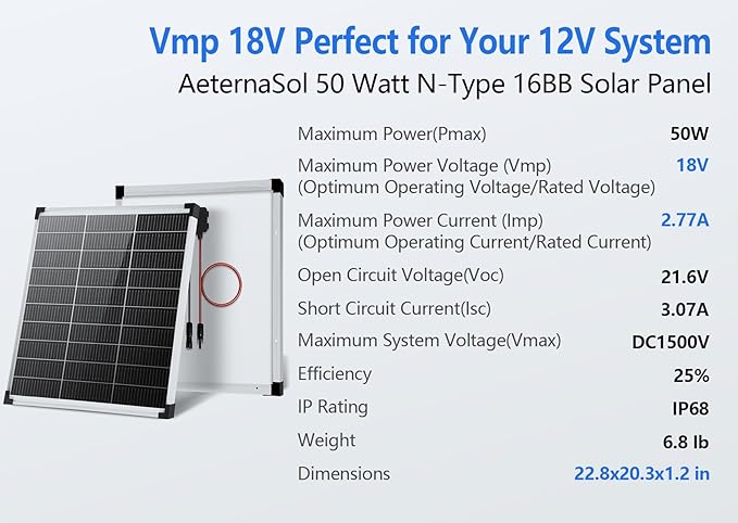 Solar Panels N-Type 16BB 50W Solar Panel 50 Watt Solar Panel 18V A+ Monocrystalline Cell 25% High Efficiency for RV Van Marine Home Rooftop Off-Grid Systems (22.8 x 20.3 Single Silver)