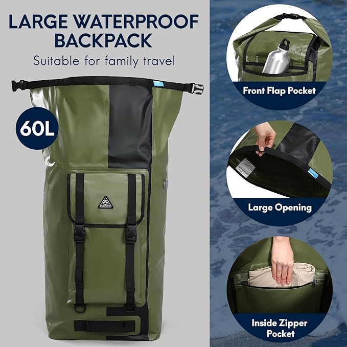 Haimont Dry Waterproof Roll Top Backpack Marine Dry Bag River Pack with Waist Belt Camping Surfing 60L Army Green/Black
