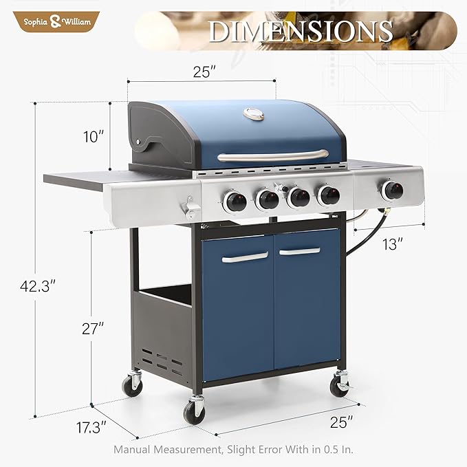 Sophia &amp William 4-Burner Gas BBQ Grill with Side Burner and Porcelain-Enameled Cast Iron Grates 42000BTU Propane Grills Outdoor Cooking Barbecue Cabinet Style Blue