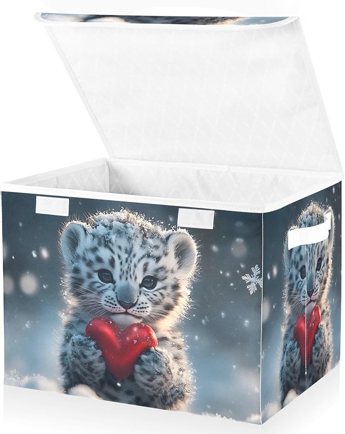 AIXIWAWA Lidded Storage Cube (Snow Leopard Heart) Fabric Foldable Closet Bins with Flip Lid and Handles Organizer Basket Container 16.5 x 12.6 x 11.8 IN