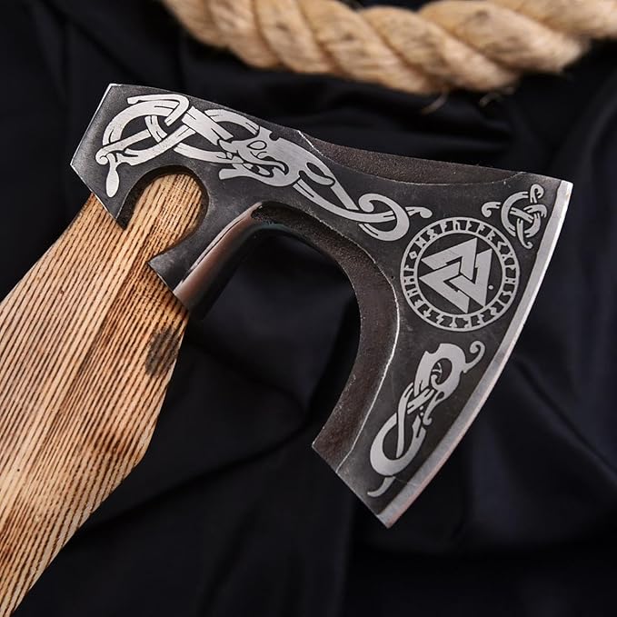 Handmade Viking Axe – Carbon Steel Blade with Ashwood Handle – Norse Hatchet for Outdoor Camping &amp Hunting Black Leather Wrapped Handle with Leather Sheath Wood Splitting Axe Viking Gifts for M