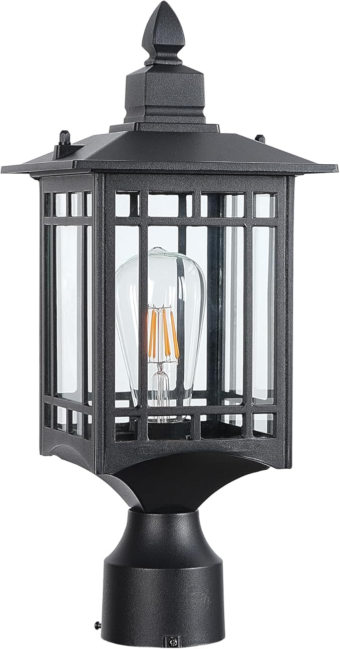 Outdoor Post Light17in Matte Black Lamp Post Light Fixture Waterproof Aluminum Housing with GlassOutdoor Lighting Pole Lantern for Outside Yard Patio Pathway Garden Deck Hard Wired