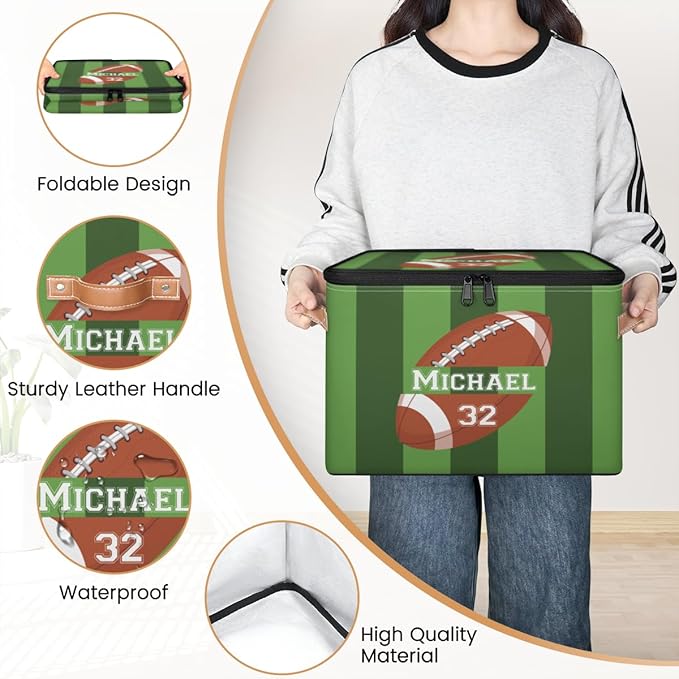 Custom Storage Bins with Zipper Lid Football Personalized Foldable Storage Baskets Green Stripes Closet Shelf Clothes Organizer Cube with PU Leather Handles