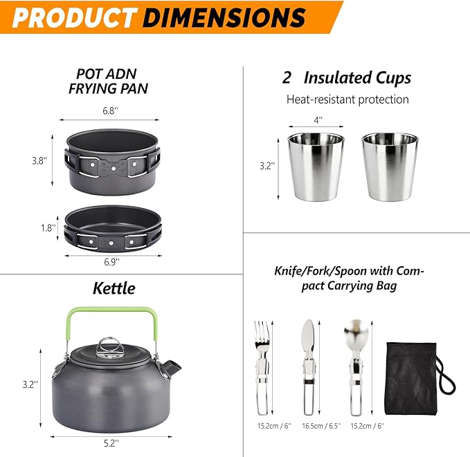 ROVSUN 34/10/6 pcs Camping Cookware Mess Kit Lightweight Non-Stick Camping Cooking Pot and Pan Set with Stainless Steel Camping Gear Kettle Cup for Open Fire Backpacking Outdoor Cooking