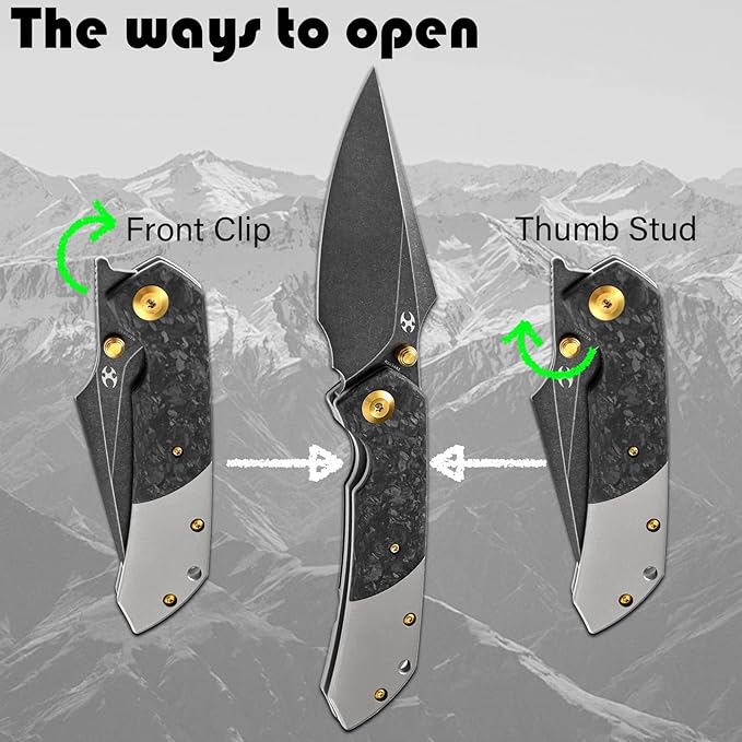 KANSEPT Fenrir Pocket Knife 3.48 Blackwash CPM S35VN Harpoon Blade Titanium Handle Shred Carbon Fiber Inlay Thumb Stud &amp Liner Lock with Deep Clip EDC Knives for Camping Hunting Survival K1034