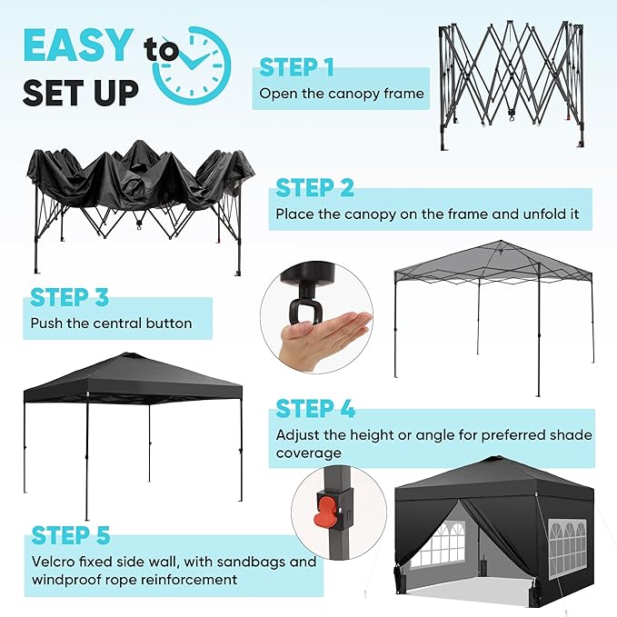 GDY 12x12 Pop Up Canopy Tent with 4 Sidewalls Easy Set up with One Push Lift Gazebo with Wheel Bag and4 SandbagsCarpas for Events PartiesCamping Black.