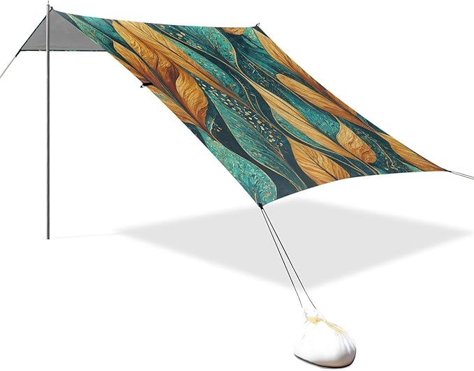 Vibrant Leaf Aqua Golden Beach Tent Sun Shelter Set UPF50+ UV Protection 10.5 x 9.19 FT Camping Shade Canopy with Sandbags Sand Anchors Carrying Bag and Others