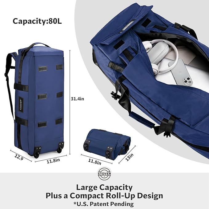 STOVER 45/80/100L Rolling Duffel Bag with Wheels Large Durable Travel Duffle + Toiletry Bag Heavy Duty Packable Foldable with Shoulder Straps- Use as Luggage or Backpack Men/Women (Blue)