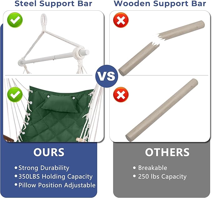 Hammock Chair Hanging Swing with Wooden ArmrestSteel Spreader BarPillowsHardware kit IncludedCotton WovenUp to 350 Lbsfor Indoor Outdoor Green