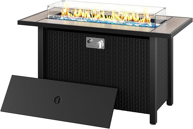 45 Inch Propane Fire Pit Table 50000 BTU Outdoor Gas Fire Pit for Patio &amp Backyard 2-in-1 Firepit Dining Table with Glass Wind Guard Blue Glass Rocks &amp Waterproof Cover Walnut