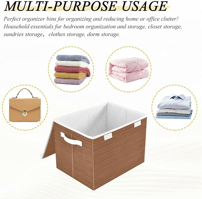 Collapsible Storage Bins with Lids Decorative Fabric Storage Cubes Closet Organizer and Storage Basket Boxes Containers for Clothes Box Chest Folding Rectangle Wood Print