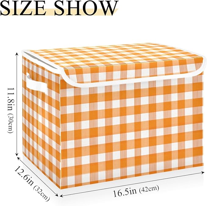 Orange Gingham Checkered Storage Box with Lid 1 PC Foldable Storage Bin with Lids Stackable Storage Bins Cube Closet Organizer Basket with Flip-Top Lid &amp Handles for Shoes Books Towels