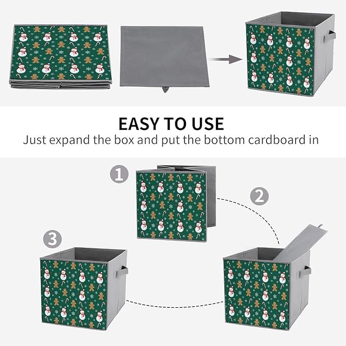 Collapsible Storage Bins with Handles Christmas Gingerbread Snowman Green Foldable Cube Organizer Box for Closet Shelf Toy Storage Space-Saving Home &amp Office Decor