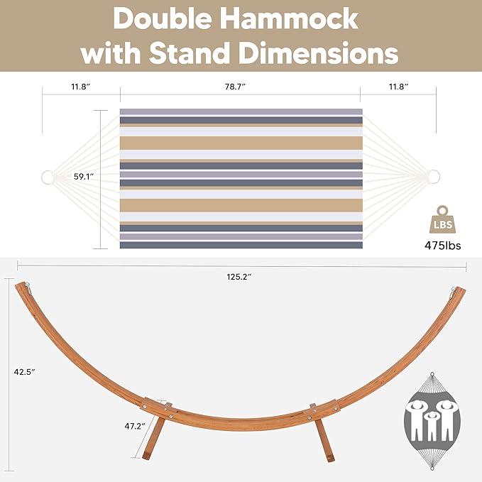 SUNCREAT Hammocks Freestanding Hammock with 10 ft Wooden Stand Included Stand Alone Hammock for Outside 475 lbs Capacity Coffee