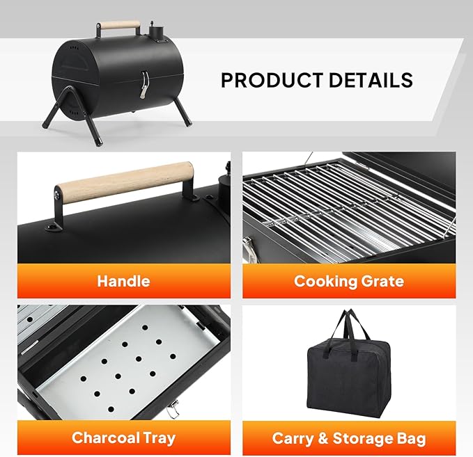 Outvita Portable Charcoal Grill with Thermometer Dual-Sided Small Tabletop Barbecue Grill for Outdoor Camping BBQ Cooking Backyard Party Heavy Duty Easy Assembly (Black)