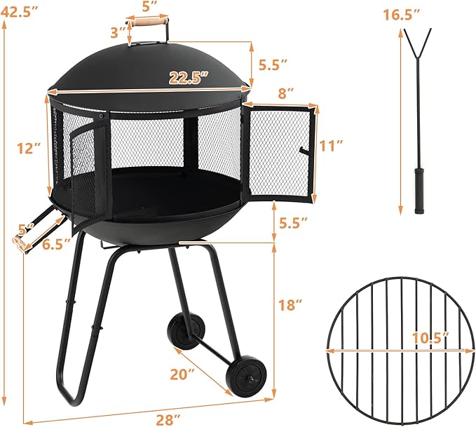 Tangkula Portable Fire Pit with Wheels 28 Inch Wood Burning Fire Pit with Log Grate Poker Rolling Patio Fireplace Wooden Bonfire Firepit for Outdoor Entertaining Black