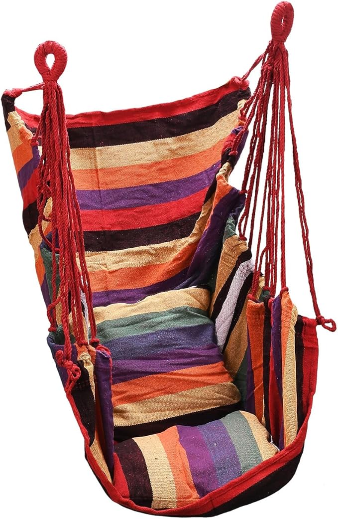Hammock Chair Hanging Swing with 2 Pillows &amp Side Pocket Soft Cotton Tassel Swinging Chair with Strong Webbing Straps &amp Hooks Indoor Outdoor Comfort Seat (Red)