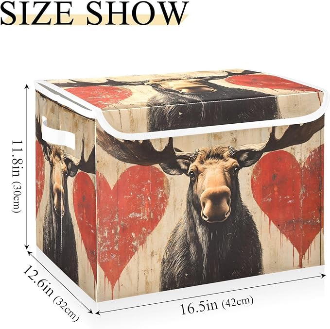 AIXIWAWA Lidded Storage Cube (Moose Valentine) Fabric Foldable Closet Bins with Flip Lid and Handles Organizer Basket Container 16.5 x 12.6 x 11.8 IN