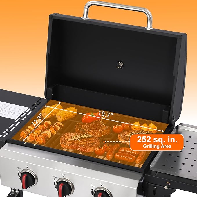 3-Burner Propane Gas Grill with Cast Iron Grate - 30000 BTU Output &amp Easy-Clean Grease Management for Perfect BBQs (3-Burner)