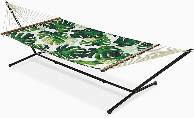 Fab Habitat Tropical Botanical Recycled Polyester Hammock - Panama - Green - Indoor/Outdoor Quick Dry 2 Person 460 lbs Capacity - Patio Poolside Backyard Garden Beach - 12-14 ft Adjustable