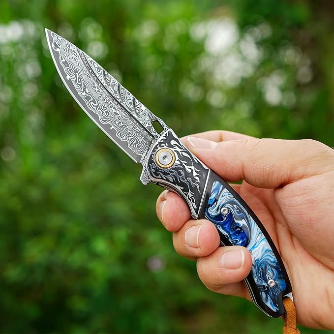 VNLA Handmade Damascus steel Folding Pocket knife. VG10 steel core men and women Folding knifeWith Leather sheathLining lockEbony inlaid with resin HandleEDC outdoor camping