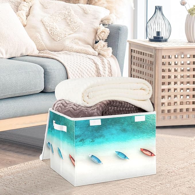 AIXIWAWA Lidded Storage Cube (Beautiful Beach) Fabric Foldable Closet Bins with Flip Lid and Handles Organizer Basket Container 16.5 x 12.6 x 11.8 IN