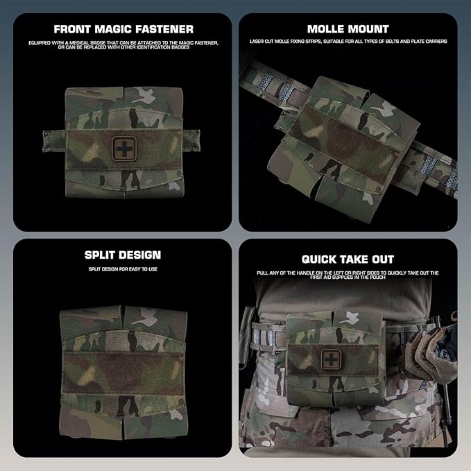 Camouflage MOLLE Medical Pouch with roll-Out Organizer top Tourniquet Band &amp ID Patch Area Utility First Aid Pouch for Airsoft Training &amp Outdoor Use