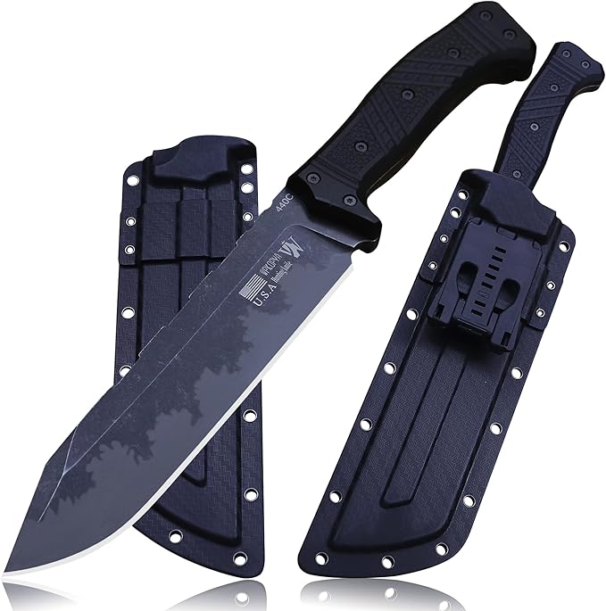 WPKOPYA Full Tang Outdoor Knife – 440C Stainless Steel Blade 6mm Thick 14.8in Overall Nylon Fiber Handle &amp Sheath Camping Hunting Survival Tool (black)