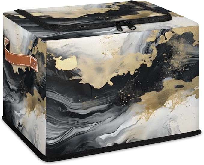 Marble Storage Bins with Zipper Lid Abstract Fabric Lidded Storage Baskets Cubes with Handles Decorative Foldable Shelf Closet Organizer Container