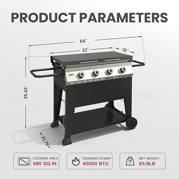 4-Burner Propane Gas Griddle 40000 BTU Outdoor Flat Top Propane Grill with 480 Sq In Cooking Area Rolling Wheels &amp Folding Side Shelves for Camping Tailgating &amp Backyard BBQ Black