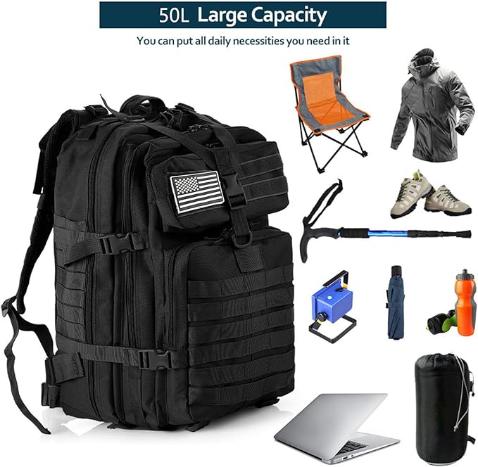 50L Sturdy Nylon Waterproof Fishing Hunting Backpack Outdoor Military Rucksacks Tactical Sports Camping Hiking Bags (Black)