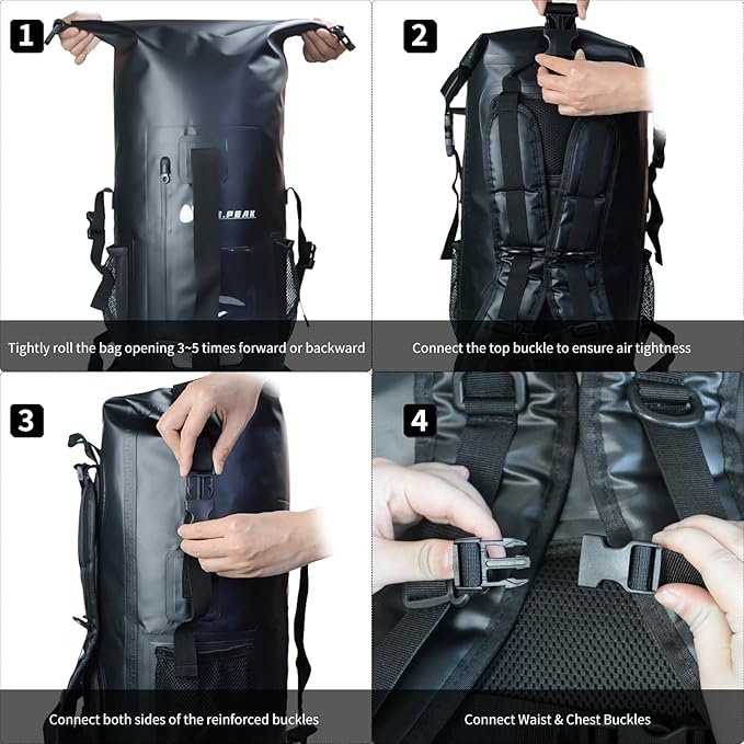 Waterproof Dry Bag Backpack IPX6 Roll-Top Closure Bag Boating &amp Kayak Accessories - Essentials for Camping Swimming Beach Fishing Rafting Travel Black