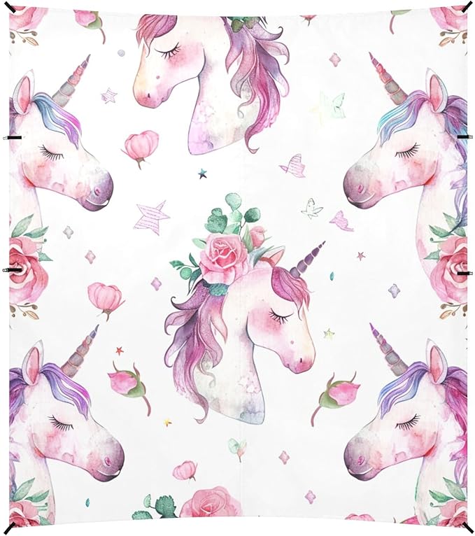 ALAZA Cute Watercolor Design Colored Unicorn Rose Beach Tent Sun Shelter Portable Canopy Sunshade for Outdoor Camping Picnics Backyard Fun 10x9 ft