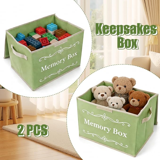 LemonRoad 2Pcs Memory Box Keepsakes for Kid Memory Decorative Storage Box Bin with Lid for Baby Wedding Travel Birthday Anniversary Precious Milestones Gift Loved Ones Treasured 16x12x12'' (Green)