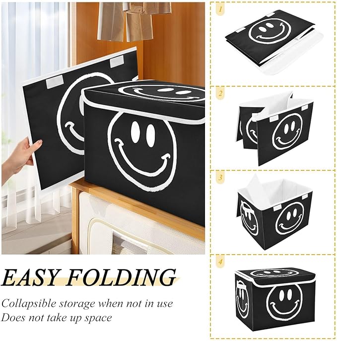 Happy Face Black White Large Storage Bins with Lid Foldable Storage Cubes Fabric Closet Organizer Containers Box Baskets with Flip-Top Lid for Home Office 16.5” x 12.6” x 11.8”