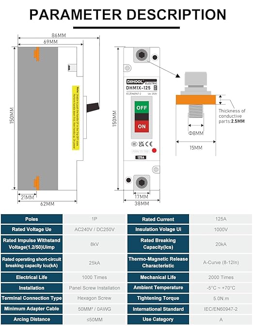 DIHOOL 125 Amp Heavy Duty Battery Disconnect Switch DC Circuit Breaker for Car Audio RV Marine Boat Truck Trolling Motors