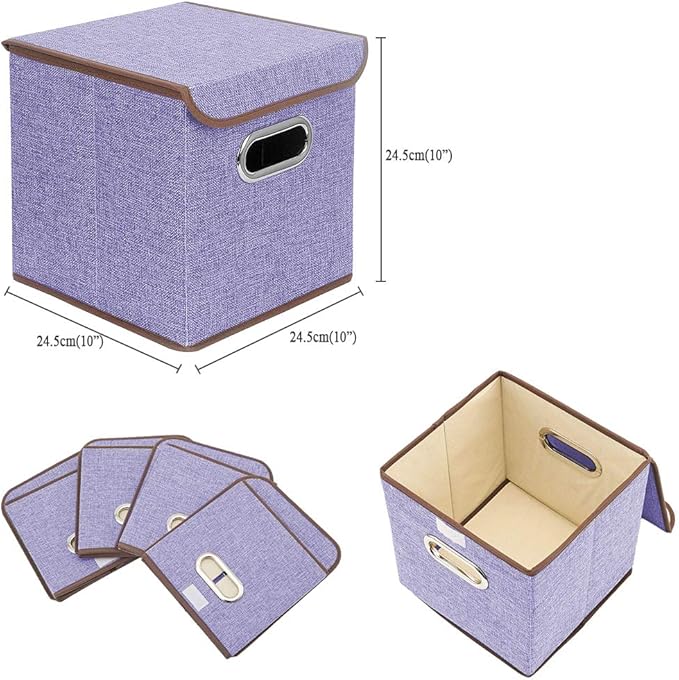 Storage Bin [Set of 4] Linen Fabric Foldable Container with Lid Collapsible Organizer Boxes Cubes – 10 x 10 x 10 Inches (Purple)