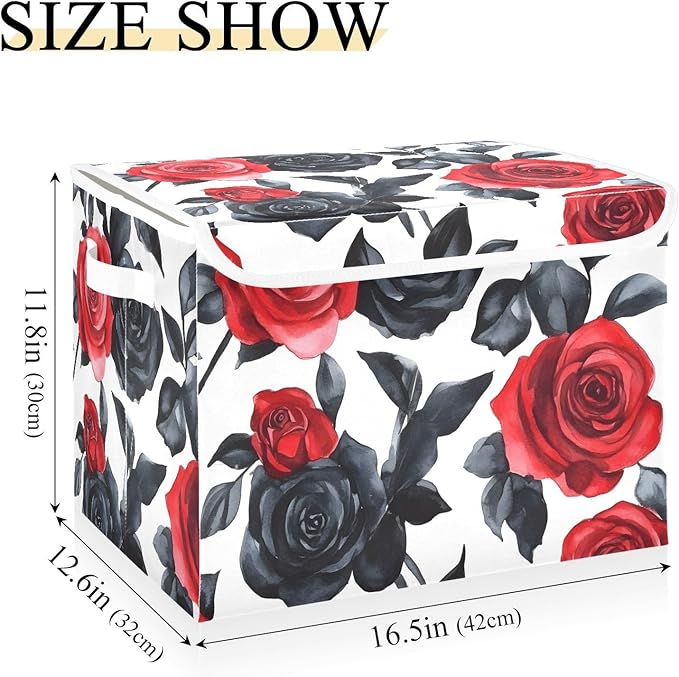 AIXIWAWA Lidded Storage Cube (Rose Red Black) Fabric Foldable Closet Bins with Flip Lid and Handles Organizer Basket Container 16.5 x 12.6 x 11.8 IN