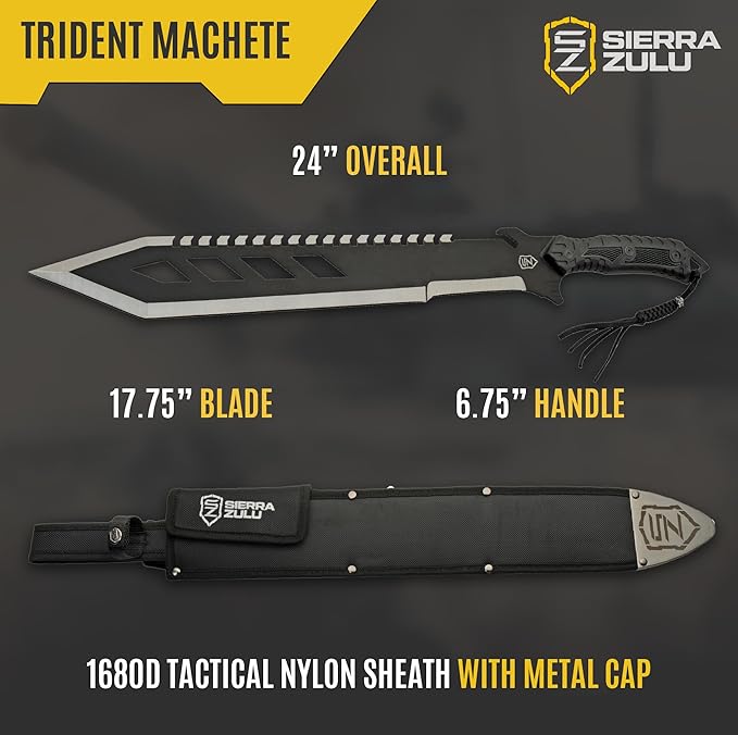 Sierra Zulu Trident Machete - Stainless Steel 24.0 inches Overall Modified Tanto Blade with Saw Tooth Back Edge - Tactical Nylon Sheath with Reversible Wear Strap