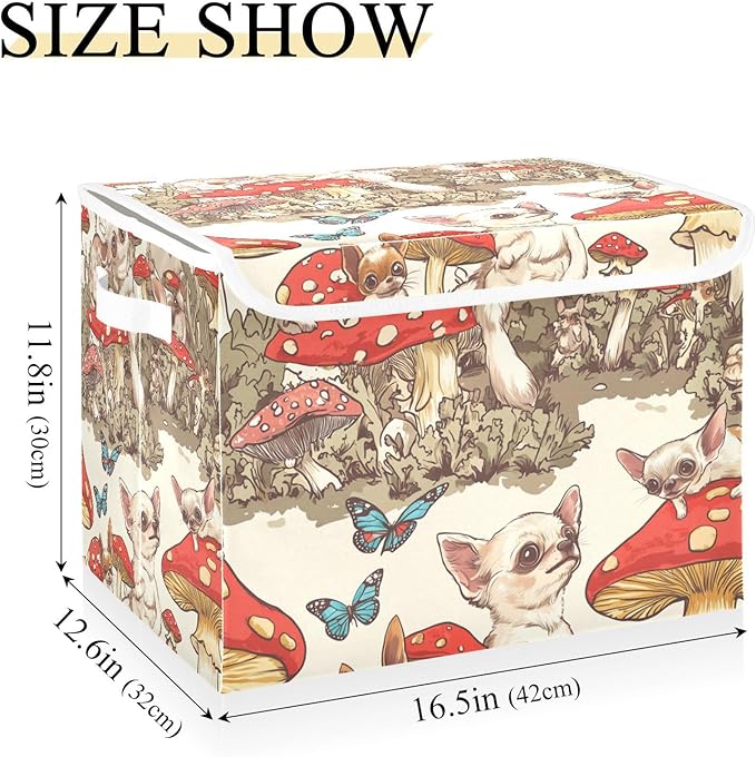Collapsible Storage Bins with Lids Decorative Fabric Storage Cubes Closet Organizer and Storage Basket Boxes Containers for Clothes Box Chest Nursery Folding Rectangle Mushroom Chihuahuas
