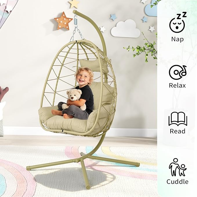 Hanging Egg Chair with Stand Outdoor Indoor Patio Rattan Swing Hammock Chairs with Washable Cushion PE Wicker Swing Chair for Backyard Bedroom Garden (Cyan + Cyan Cushion No Footrest)