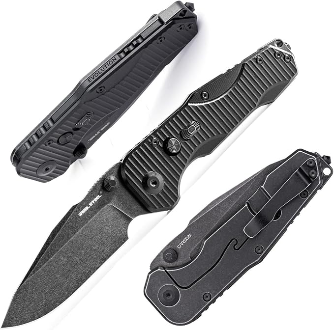 REALSTEEL Evolution Ironclad Folding Pocket Knife3.8Droppoint D2 BladeButton Frame LockG10 HandleThumb StudSafety Switch6.5ozEDC Tactical Indoor OutdoorCampingHikingDaily UseGift for Men W