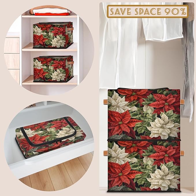 KOBLEN Poinsettia Flower Storage Basket Collapsible Rectangular Storage Bins with Zipper Lid Handle Closet Shelf Cloth Organizer Basket for Nursery Bedroom Clothes Toy 2 Pack