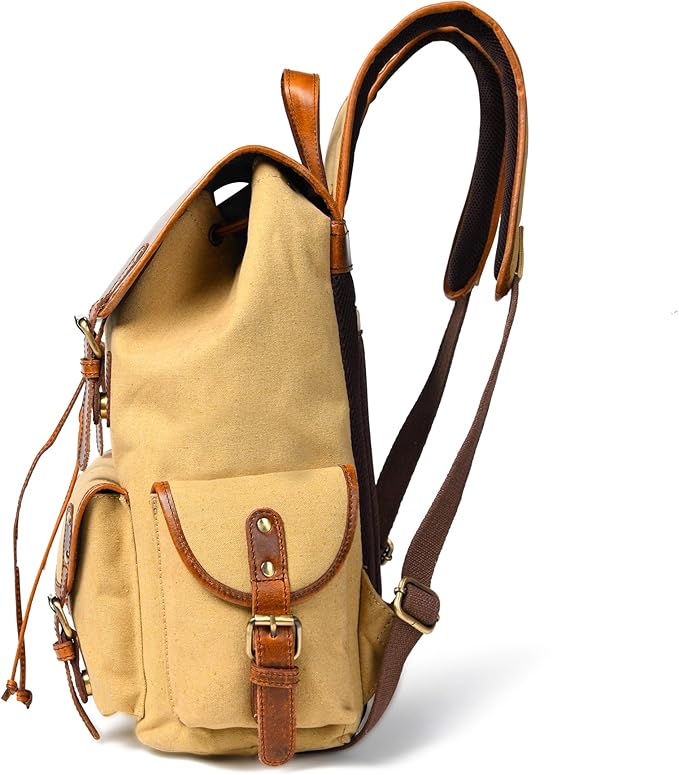 Leather Canvas Backpack Durable Vintage Large Travel Laptop Bag for Men &amp Women Work Hiking School (Tan)