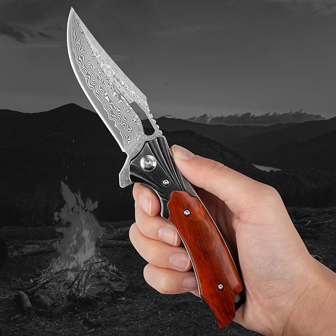 Zingbee Damascus Pocket Knife for Men Women Wood Handle Folding Knife with Sheath 3.15 Damascus Steel Blade Pocket Knives for Outdoor