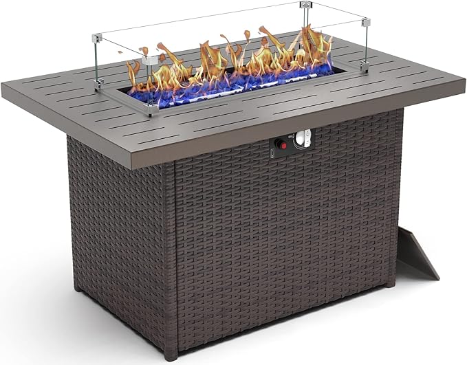 44 Inch Propane Gas Fire Pits Table for Outside Patio 60000 BTU Rectangular Outdoor Wicker Rattan Fire Pit with Glass Wind Guard